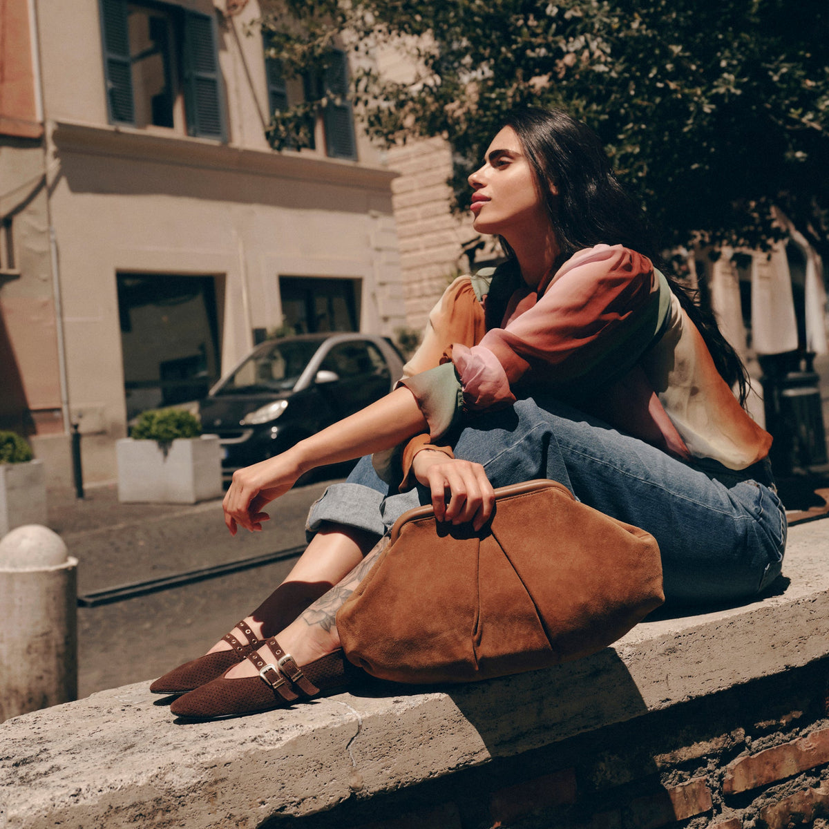 Sahara Cognac Suede Clutch - Dolce Vita